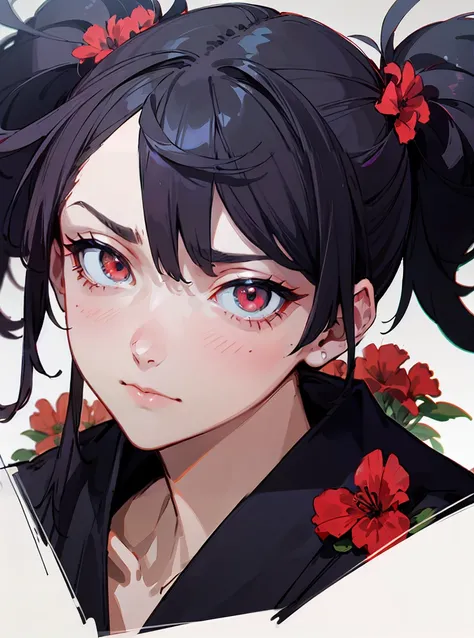 Girl, black, white, View opinion, Red death flowers, detailed eyes, detailed face and body, depressed, He is afraid, sad, Very very detailed, No mistakes, High accuracy, dark clothes, aesthetic, japanese hair, pigtails hair, simple background