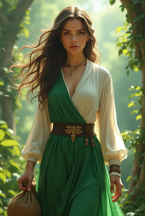 Create this female character

- **Emerald green**:  It represents life and nature ,  symbolizing its connection to the environment .
- ** earth brown **: It evokes stability and strength ,  reflecting its role as protector of the Earth .
- **pure white**: ...