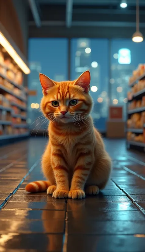 PHOTO REALISTIC 1 .3 . ORANGE CAT Sitting Licking Wet Feet , Surrounding The Floor In A Grocery Store In Front Of The City At Night。