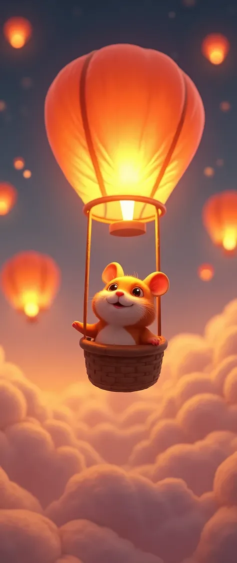 masterpiece, Superior Quality ,Milonish,  Cinematic Experience,Super detailed, Ultra HD, best illustration, 3D isometric illustration ,16k,wallpaper,Pixar Studios ,Floating Lanterns,,Close up of a hamster traveling in a lantern balloon, dynamic , deformed ...