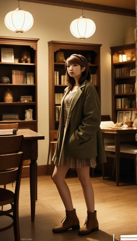 The image has soft, ambient indoor lighting, creating a cozy and warm atmosphere. Hanging lamps provide a gentle glow, adding to the rooms inviting feel. The model Japan girl stands with her legs crossed at the ankles, leaning slightly against a table. Her...