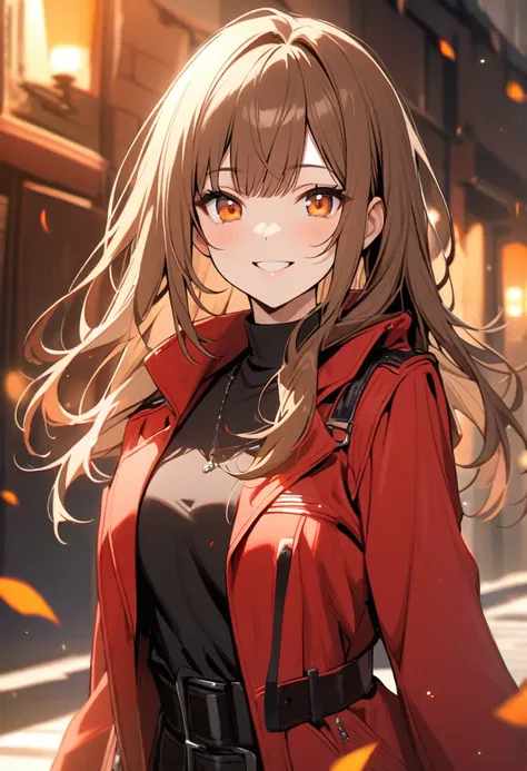 Beautiful, solo, 1 female, long brown hair, bangs , orange eyes, black shirt,red coat,smile facial