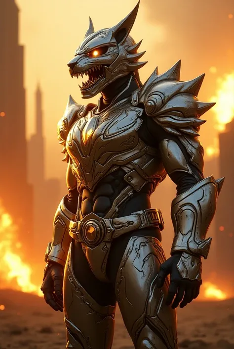 majestic silver and gold power ranger, mmpr style, in front of a fire, saudi futuristic warrior inspired by Noriyoshi Ohrai, pacific rim jaeger, fierce lion faced helmet with sharp teeth 