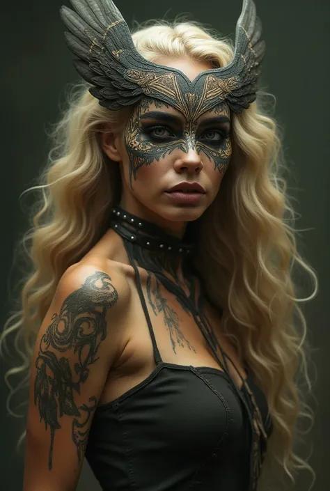  Woman with long curly and blond hair with artistic makeup that has indigenist and rocker elements, and that it is inspired by the owl 