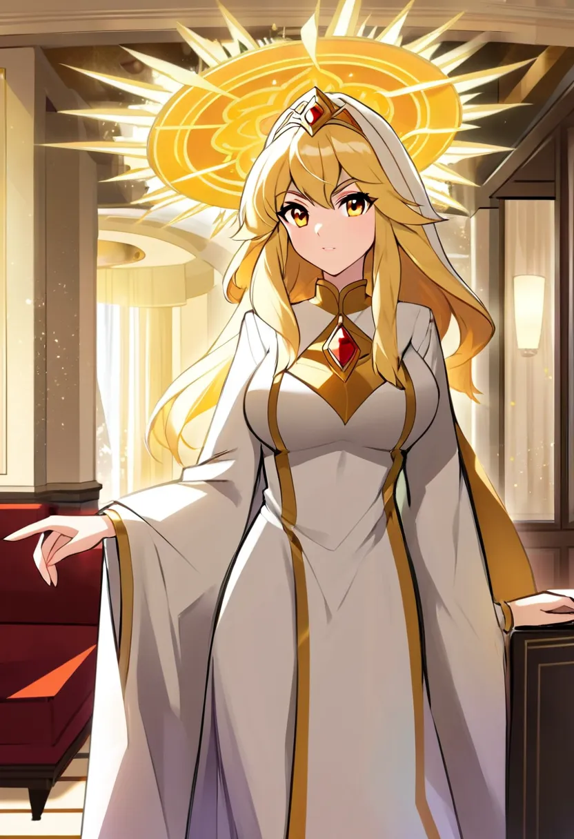 a cartoon picture of a woman in a white dress, she-ra, she - ra, white and gold priestess robes, princess of light, golden-white robes, ((wearing aristocrat robe)), appears as Vivziepop art style, hazbin hotel art style, velvette hazbin hotel