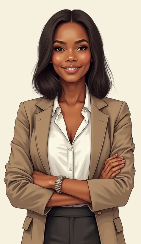 Realistic drawing of a modest black woman,intelligent,Did you know?, Ready to help and advise . Circular face round face fat face, smiling pose,straight dark brown hair . Looking Forward in a Full Body Front Image