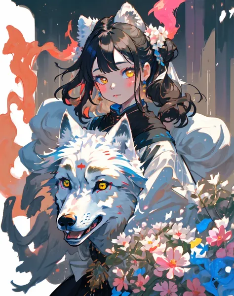  Hi-Res, colorful ,A dark-haired girl with cheeks close to a white wolf