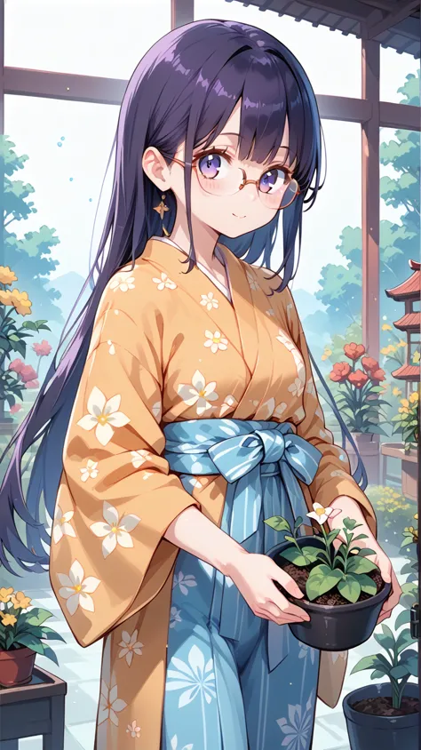  long hair,Glasses,Japanese Yukata,flower,Cosmos, Gardening 