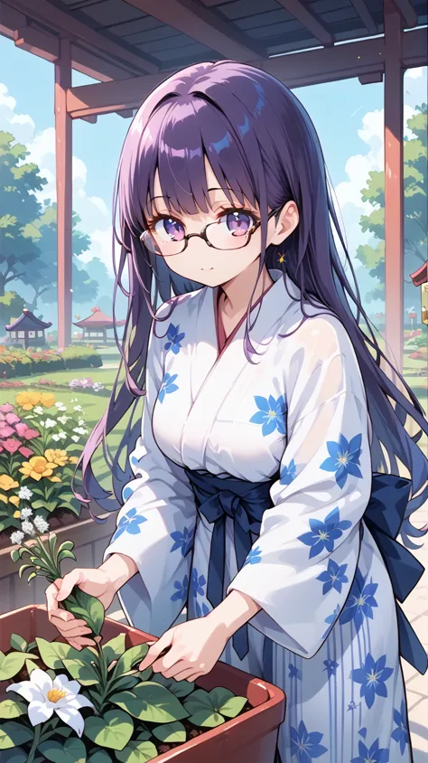  long hair,Glasses,Japanese Yukata,flower,Cosmos, Gardening 