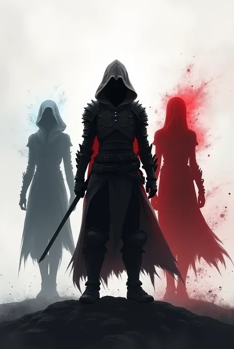 Silhouette of a warrior  (adolescent)  with armor and a hood ,  on the left side there is a silhouette that emanates a white aura and on the right side a silhouette that emanates a red and black aura 