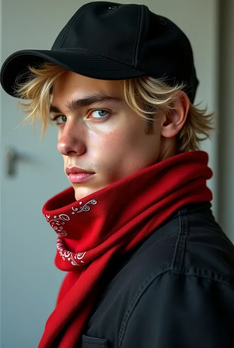 A handsome man in his 20s from the side, he is wearing a black cap and has a red bandana tied under his chin. blond hair. stylish 