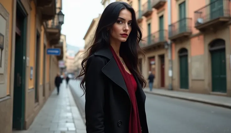 Brighter to the whole、Standing alone on a street corner in early winter in Spain、red inner with burgundy scarf、Wore a black trench coat、Beautiful woman with long black hair、Necklace and earrings included、 sideways、 real