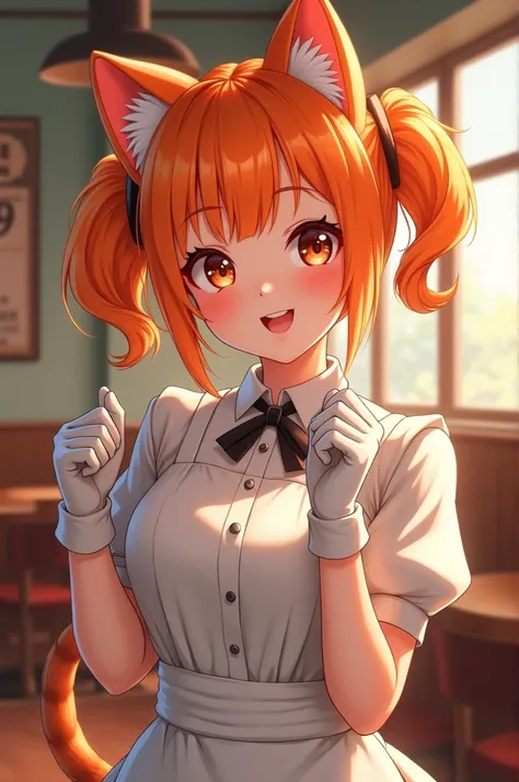 Waitress girl with cat ears and gloves and with orange hair 