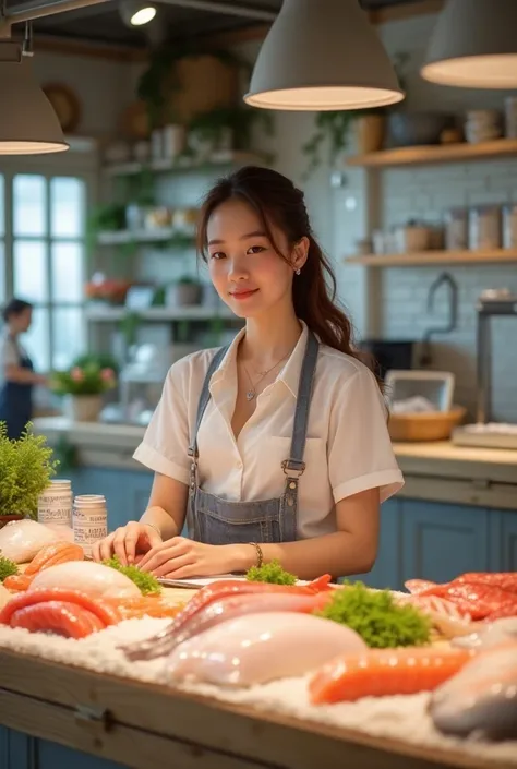 Fish shop beautiful female employee young woman 