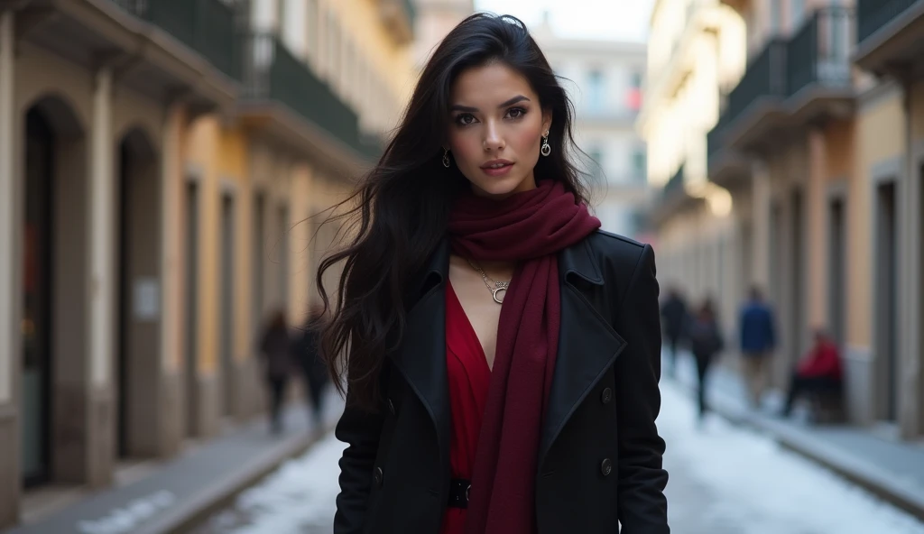 Brighter to the whole、Standing alone on a street corner in early winter in Spain、red inner with burgundy scarf、Wore a black trench coat、Beautiful woman with long black hair、Necklace and earrings included、 sideways、 real