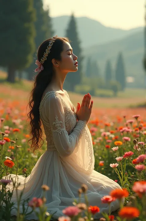 A woman in a dress in a flower field praying to the Lord