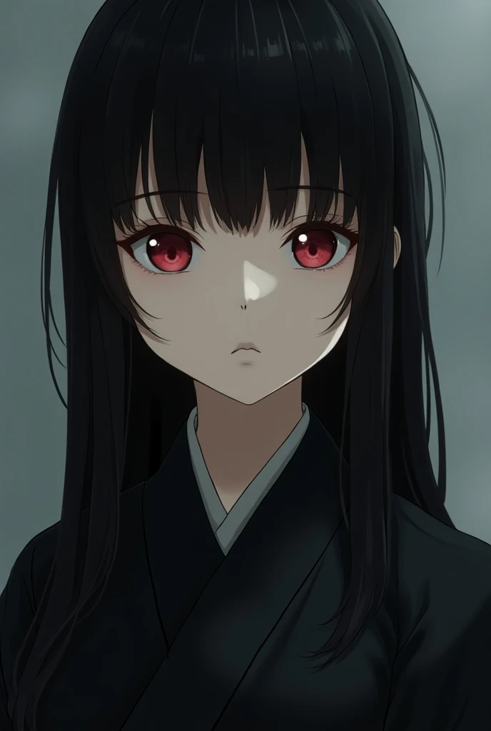  3 of a young Asian witch/4 side bust，Realistic style，Shes 28 years old ， in black Hanfu ，Has long straight black hair,Bangs。Her left eye is red ，The right eye is black。Her face is rather long，Skin tone, snow-white expression