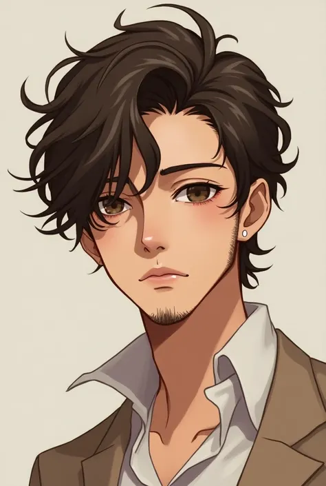 anime boy, long size curly hair brunette skin with, thin beard