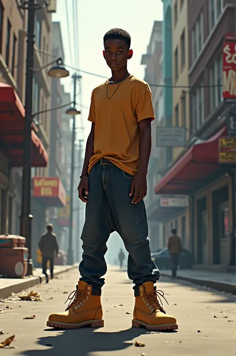 Teenage black boy wearing Timberlands with pants down on the street 