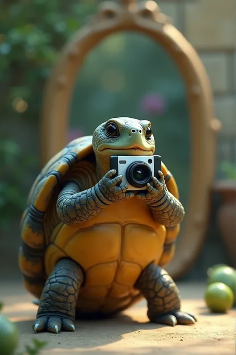 A turtle taking a picture with a cell phone in a mirror 