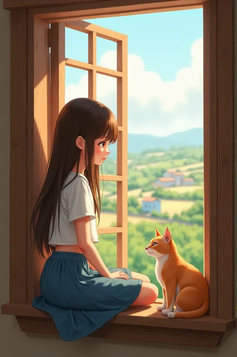 Create one realistic Village girl photo wearing blue scurt and white crop t shirt with straight hair and sitting with cat in a window 