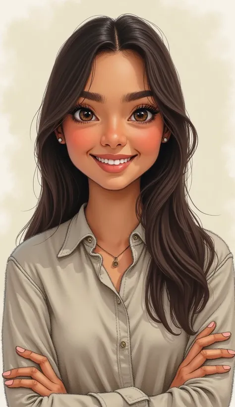 Realistic drawing of a modest Bahian woman,intelligent,Did you know?, Ready to help and advise . Circular face round face fat face, smiling pose,straight dark brown hair . Looking Forward in a Full Body Front Image