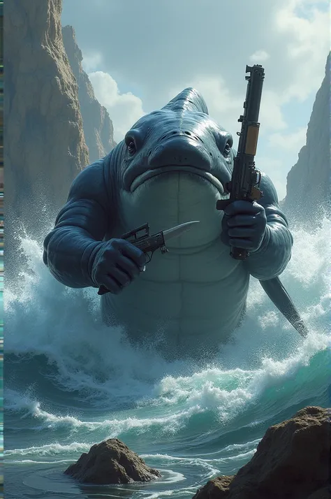 realistic animated whale holding gun and knife HD sea with high waves and rocky rocks