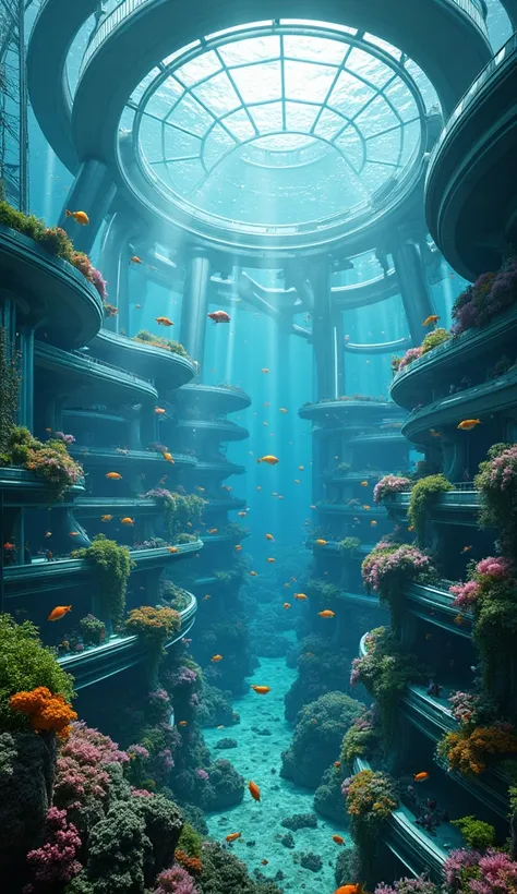 An underwater city, with futuristic buildings inside a giant glass dome and colorful fish swimming around