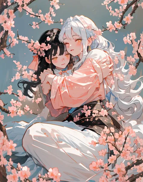  Hi-Res, colorful ,Peach Blossom,Black-haired girl hugging a white wolf, close-up 