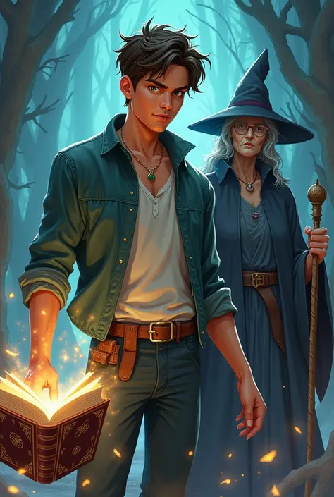 Make a 2d animated male  with floating enchanted book in his side and a witch old lady in his back looking at him