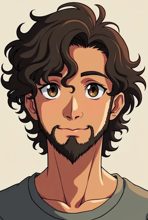 anime boy, Shoulder-length curly hair, brown skin with ,  medium size beard 