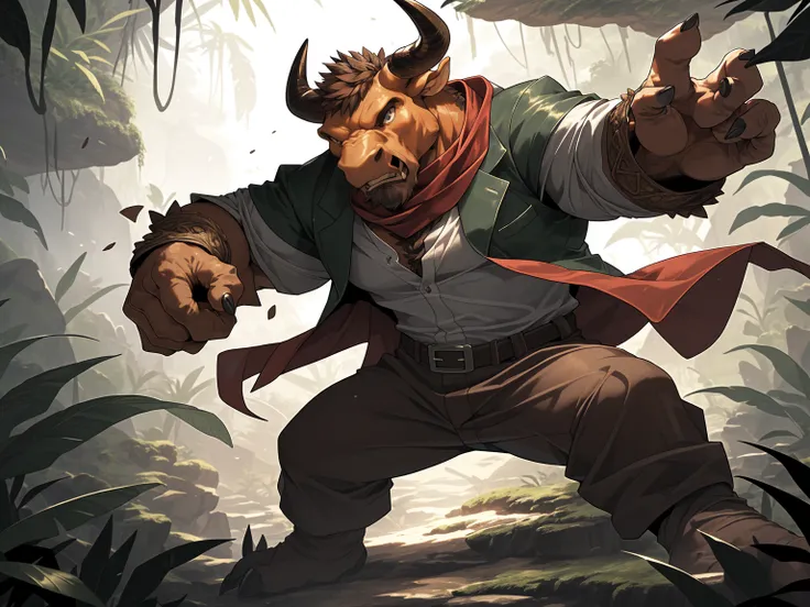 brown bull, red scarf, jungle, seasoned, Fierce expression, Cold expression, Dynamic Lighting, Vibrant colors, open shirt, tight-fitting adventurer clothes, masterpiece, (16K), HD, Various facial details, detailed background, very detailed, dynamic poses, ...