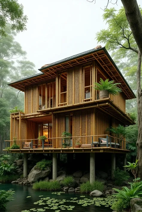 generate a building made out of bamboos elevatedand two storey