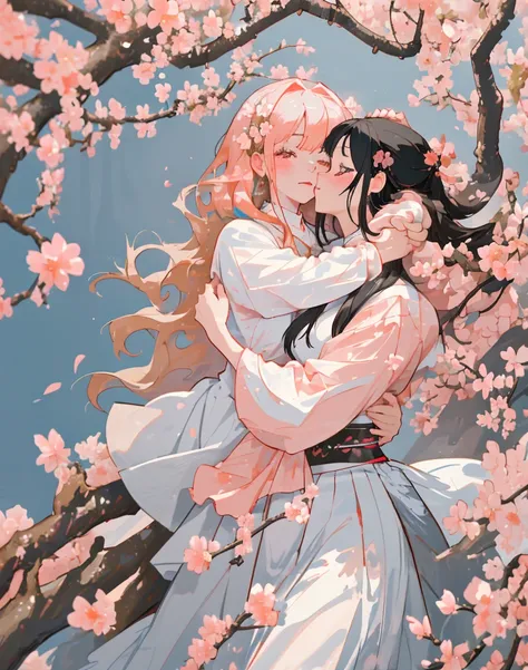  Hi-Res, colorful ,Peach Blossom,Black-haired girl hugging a white wolf, close-up 