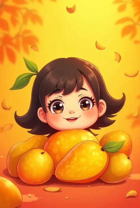  Cartoon Style Colors in yellow and red tones, hair with bangs, Mango Fruit props  