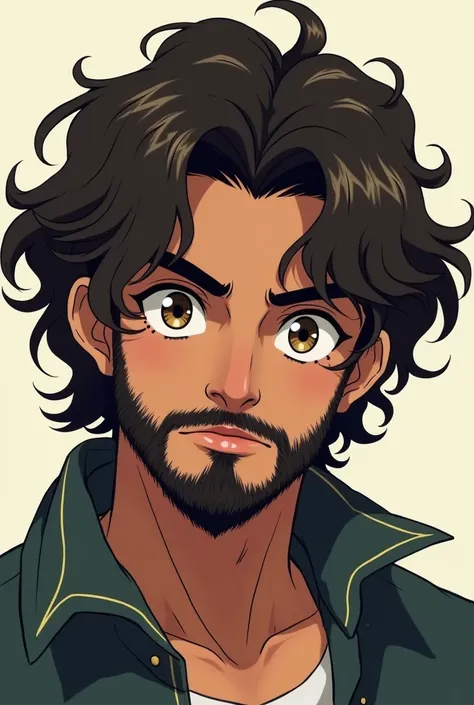 anime boy,  curly hair , long hair, brown skin with ,  medium size beard 