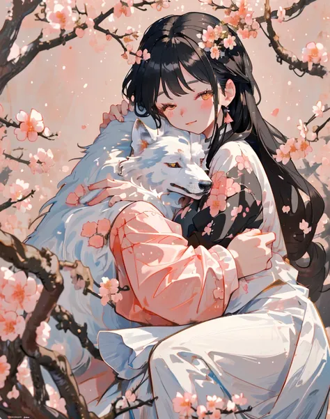  Hi-Res, colorful ,Peach Blossom,Black-haired girl hugging a white wolf, close-up 