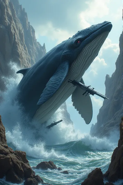 realistic animated whale holding gun and knife HD sea with high waves and rocky rocks