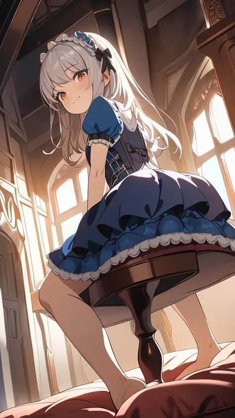 1 girl, ( cute face),  small breasts, look back, (to many pose:1.2), Fantasy anime Lolita fashion, Sit backwards on a cushion,  cowboy shot, (from below:1.2), game cg, absurdres,  highres icon, ultra detailed, beautiful, masterpiece, best quality