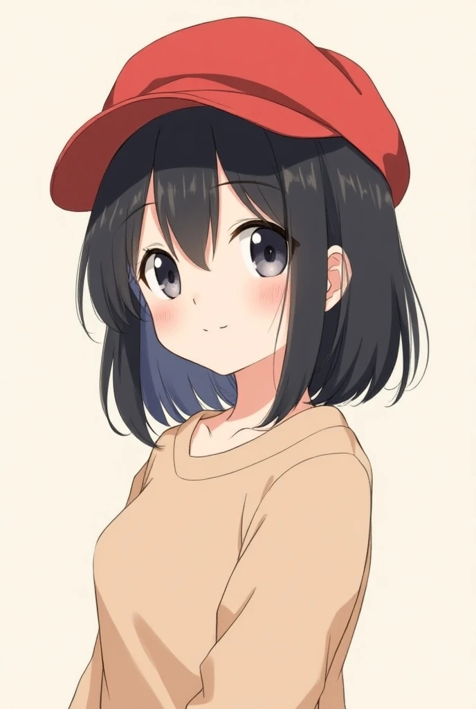  An anime girl with straight, loose black hair ,with a red oval cap on the tip ñ