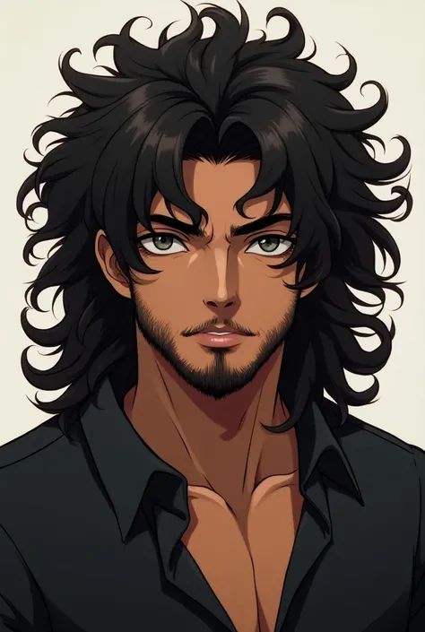 anime boy,  curly hair , long hair cachedo, brown skin with ,  medium size beard , long hair