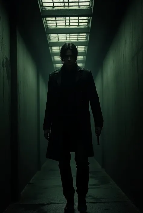  Leon S Kennedy in an underground tunnel with grilles on the roof, moving forward with gun in hand and with fear 