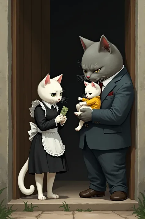 A tall, thin, white mother cat wearing a black maids outfit stood crying and gave money to a fat, gray-colored cat wearing a suit, looking fierce, holding a little white cat wearing a yellow shirt and leaving it at the front door of the house.