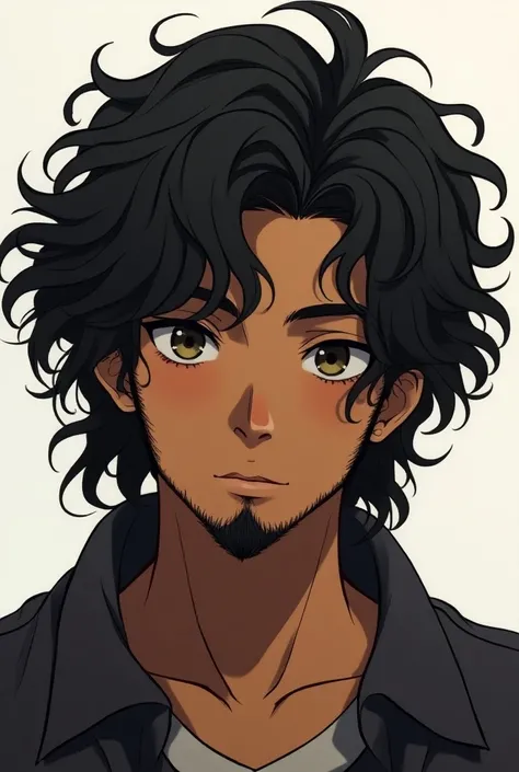 anime boy,  curly hair , long hair cachedo, brown skin with ,  medium size beard , long hair