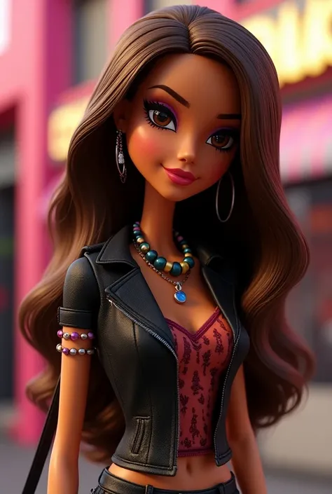 Create an image for me with a brunette Bratz doll with brown eyes 