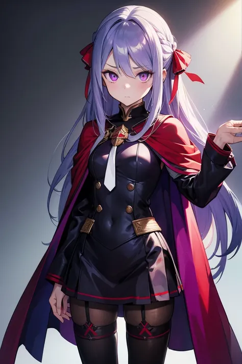 (masterpiece, Best Quality),  complicated details ,  1 girl,  Edelgard,  1 girl, Long Hair,  purple eyes, Alone,  viewers in rubber suits  , Cape,  hair ornament, ribbon, uniform,  simple background,  place your hand on your lower back,  is standing, red p...