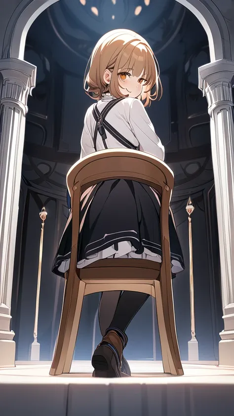 1 girl, ( cute face),  small breasts, look back, (to many pose:1.2),  Gothic Lolita from fantasy anime who sits backwards on a chair, 椅子に後ろ向きに跨って座る,  cowboy shot, (from below:1.2), game cg, absurdres,  highres icon, ultra detailed, beautiful, masterpiece, ...