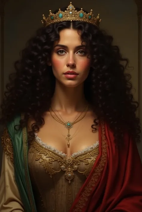 A curly-haired woman portrayed as Queen Esther wearing modest queen and crown robes