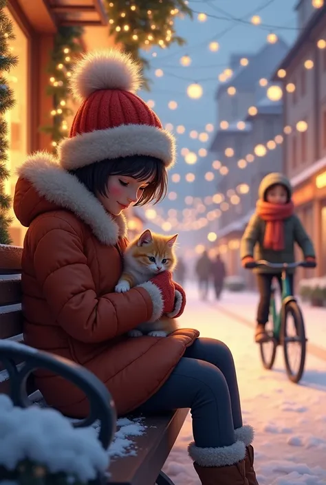 Downtown shopping district　  Waiting　Cuddling Kitten 　beginning of winter　evening　A bicycle that runs away