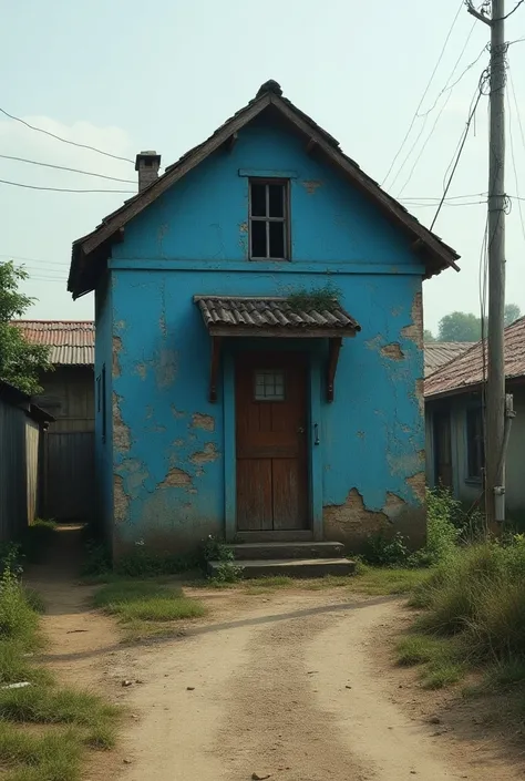 Old blue house ,  steep and long ,  located inside with a dirt road ,  the houses around it are glued together and the house itself is poorly structured square ,  has a low wooden portal and a small window on top and a broken door at the entrance, The hous...